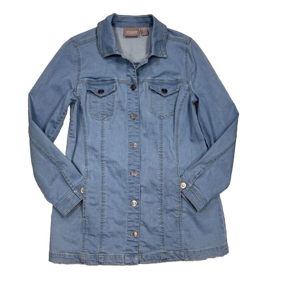 Chicos Shacket Jacket Womens 0 (4) Mid Length Light Blue Button Front Pockets
